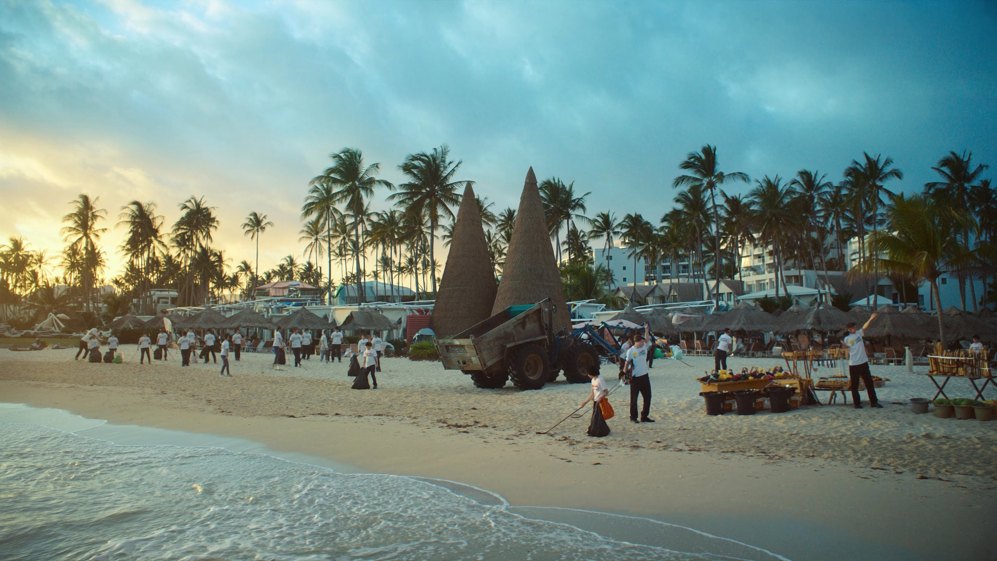 A coordinated sargassum-response crew, equipment and staging at dawn